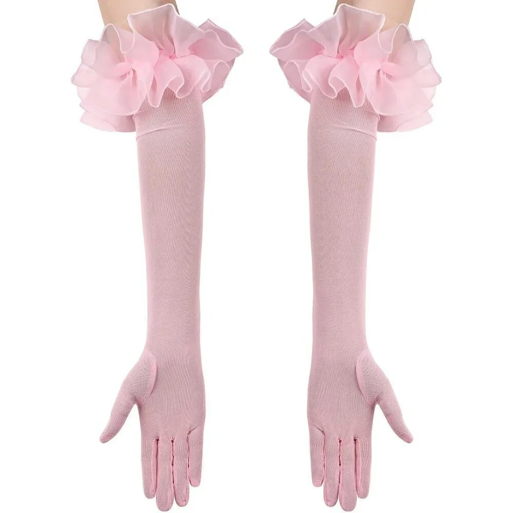 Women's Long Pink Ruffle Puff Cuff Sleeve Mesh Gloves Wedding Party Costume